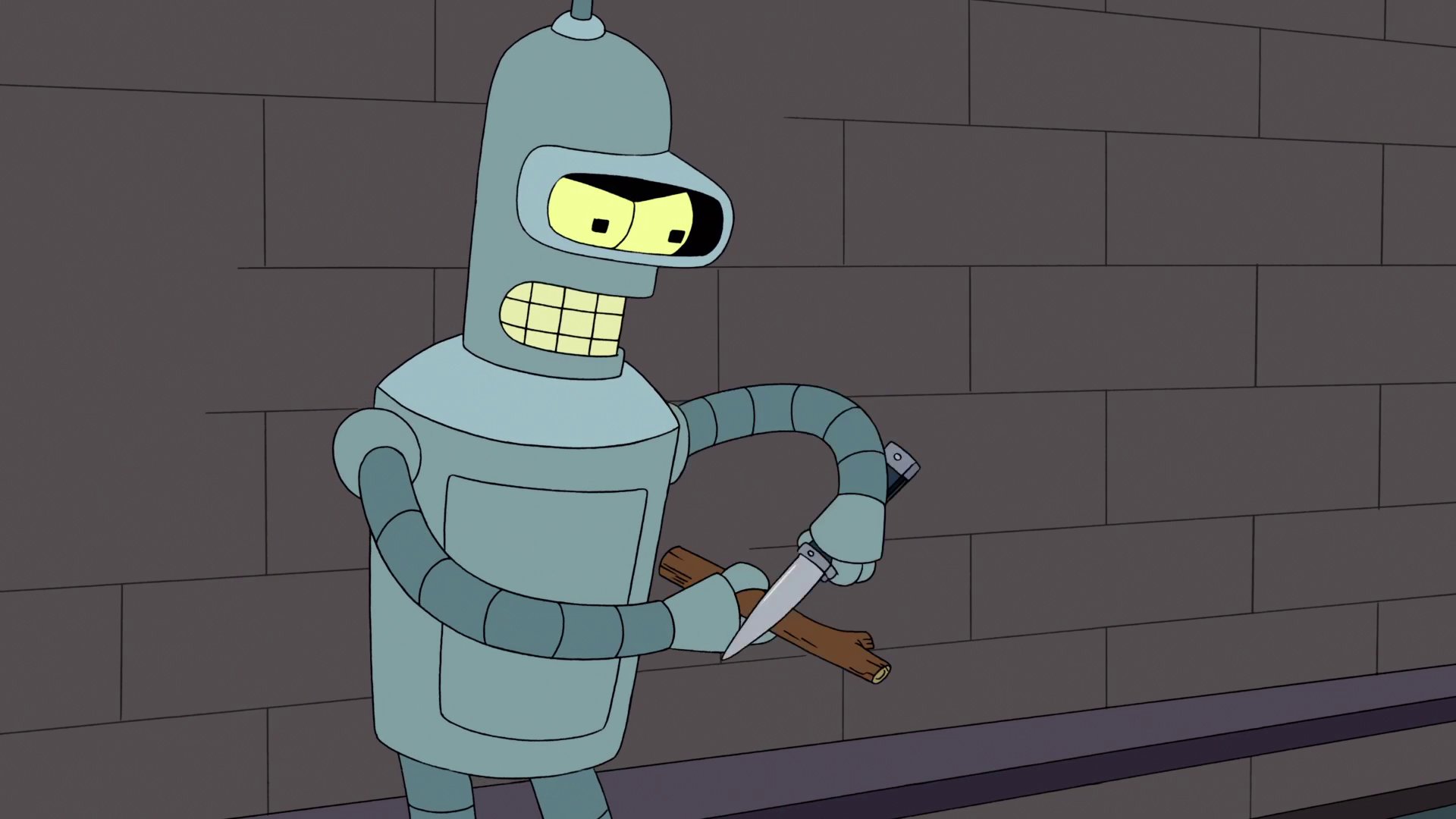 Does anyone have a clip of bender using a knife to sharpen a stick? I
