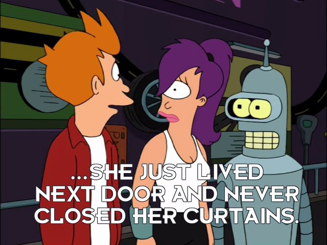 Philip J Fry: ...she just lived next door and never closed her curtains.