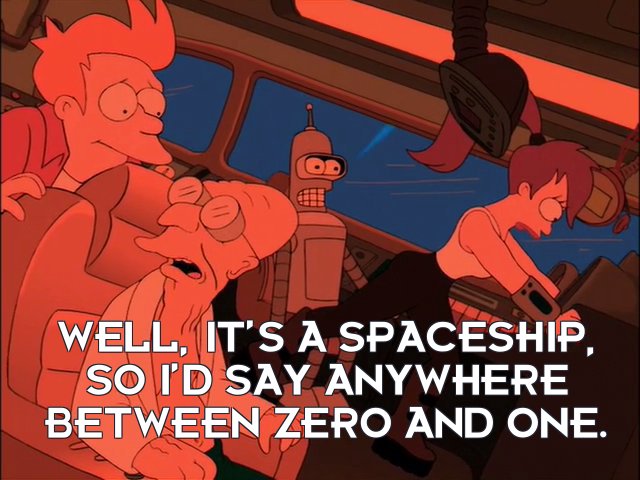 Prof Hubert J Farnsworth: Well, it’s a spaceship, so I’d say anywhere between zero and one.