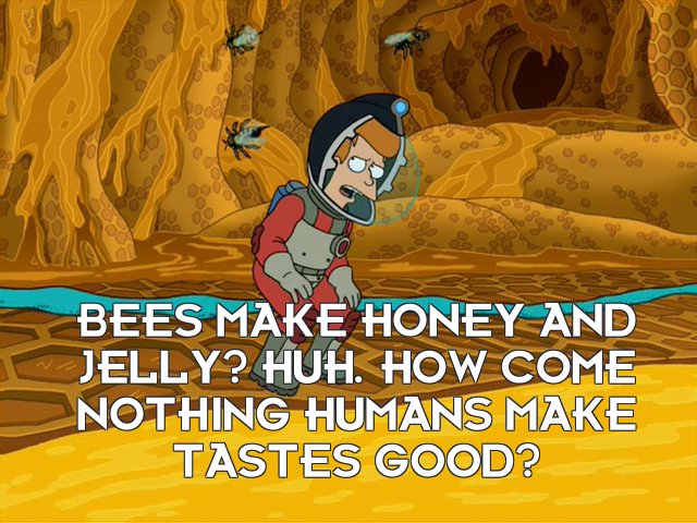 Philip J Fry: Bees make honey and jelly? Huh. How come nothing humans make tastes good?